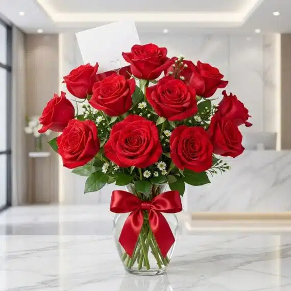 Jarrón con 18 Rosas Rojas: El Regalo Perfecto para Cualquier Ocasión Jarrón de cristal con 18 rosas rojas vibrantes y abiertas, adornado con un elegante moño rojo, sobre una superficie de mármol