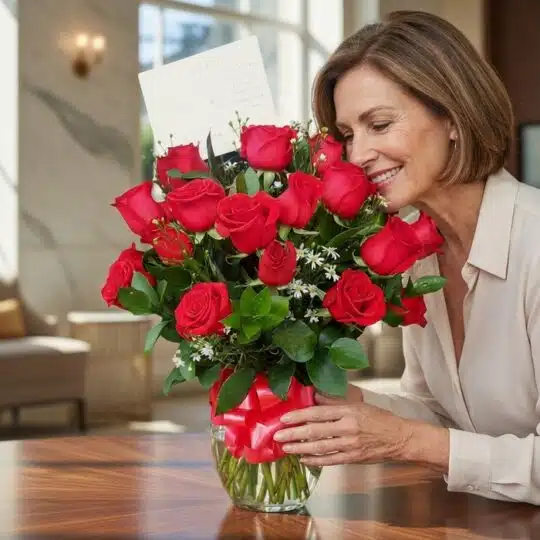 Mujer elegante de mediana edad admirando y oliendo un jarrón con 18 rosas rojas frescas y un moño rojo, en un hogar de alto d