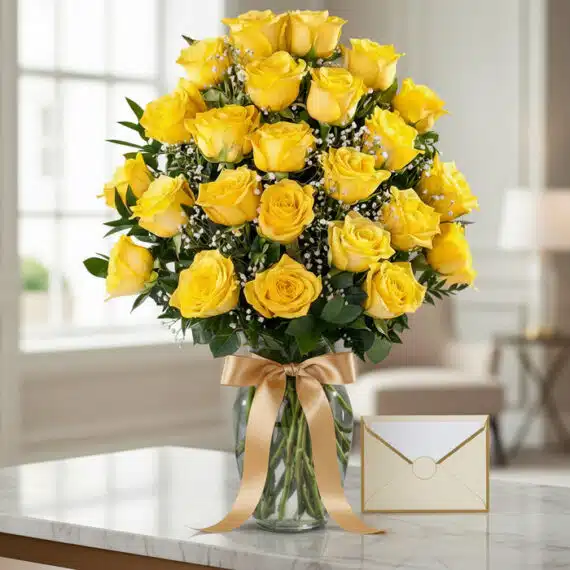 Jarrón de cristal con 24 rosas amarillas frescas, follaje verde y pequeñas flores blancas, sobre una mesa de mármol con una t