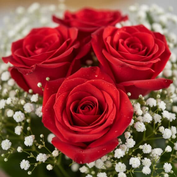 Primer plano extremo de un jarrón con 24 rosas rojas, mostrando texturas hiperrealistas, sutiles gotas de rocío y colores vib