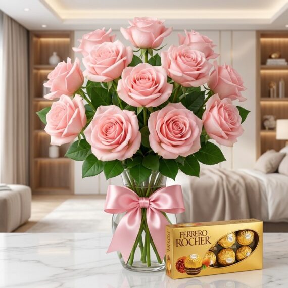 Jarrón Decídete con once rosas rosadas frescas y un lazo rosa elegante, acompañado de una caja de chocolates Ferrero Rocher,