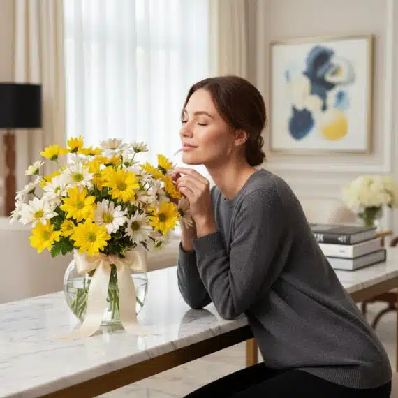Mujer joven y elegante oliendo delicadamente un ramo de margaritas amarillas y blancas en un jarrón de cristal con un lazo be