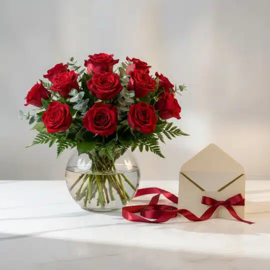 Jarron Floral Graziella con 12 rosas rojas frescas, follaje verde, sobre marmol blanco, con tarjeta de regalo y cinta roja. I