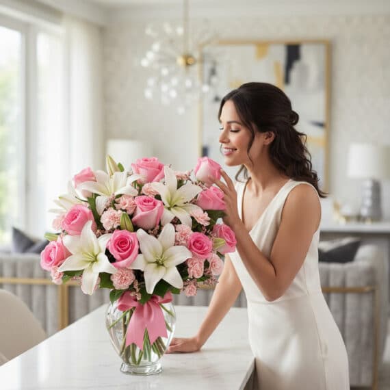 Mujer elegante admirando y oliendo un Jarron Floral Violeta con rosas rosadas y lirios blancos en un jarrón de cristal con la