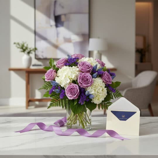 Jarron Floral VITTORIA con rosas lilas, hortensias blancas y flores azules, sobre marmol con tarjeta de regalo y cinta morada