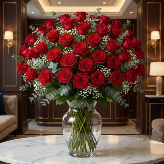 Jarron GINEVRA: 80 Rosas Rojas para una Declaración de Amor Inolvidable Impresionante jarrón GINEVRA con 80 rosas rojas frescas y abiertas, rodeadas de follaje verde y pequeñas flores blancas, sobr