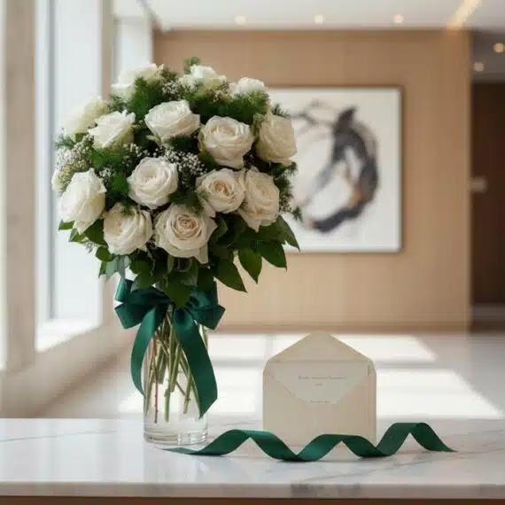 Jarrón Pétalos Blancos con rosas blancas, follaje verde, cinta de satén verde y tarjeta de regalo en un entorno de lujo.