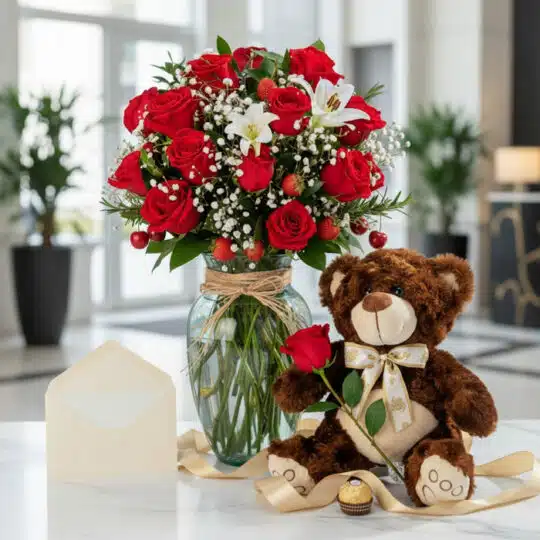 Jarrón Todo Para Ti con rosas rojas, lirios blancos, fresas y cerezas, acompañado de un osito de peluche con una rosa, una ta