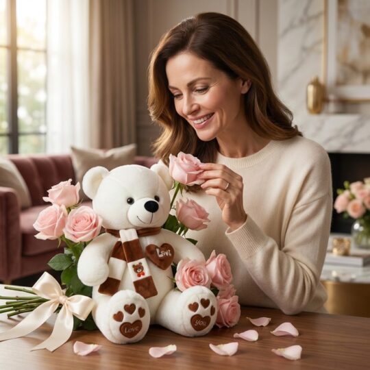 Mujer elegante sonriendo y oliendo una rosa rosada, junto a un oso de felpa blanco con un ramo de rosas rosadas en un ambient