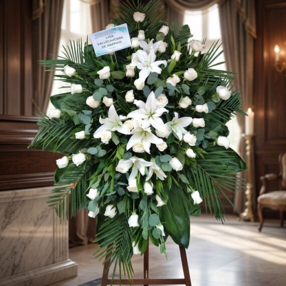 Pedestal Fúnebre Eternidad: Rosas y Lirios Blancos en Sala Premium Pedestal fúnebre 'Eternidad' con rosas blancas, lirios y follaje verde, en una elegante sala de velación con luz natural suav