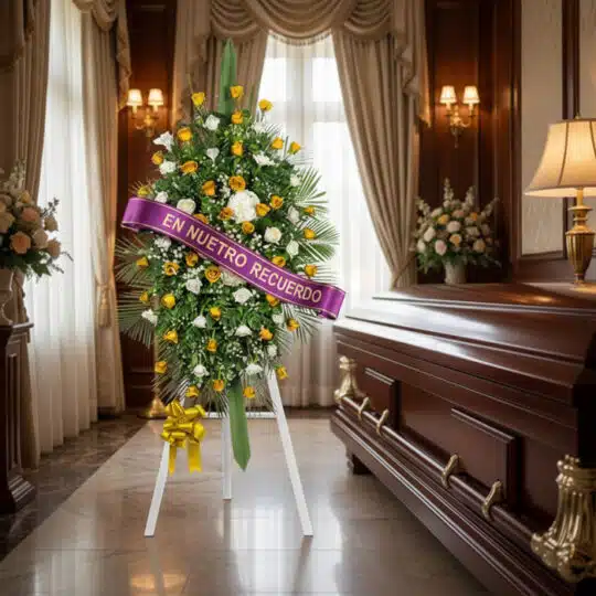 Pedestal fúnebre elegante con rosas amarillas y blancas, cinta morada 'EN NUESTRO RECUERDO', junto a un ataúd en sala de vela