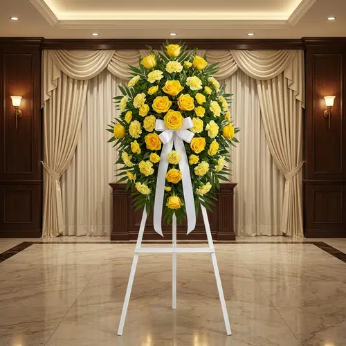 Pedestal fúnebre Legado Sereno con rosas y claveles amarillos, lazo blanco, en sala de velación elegante con cortinas y luz c