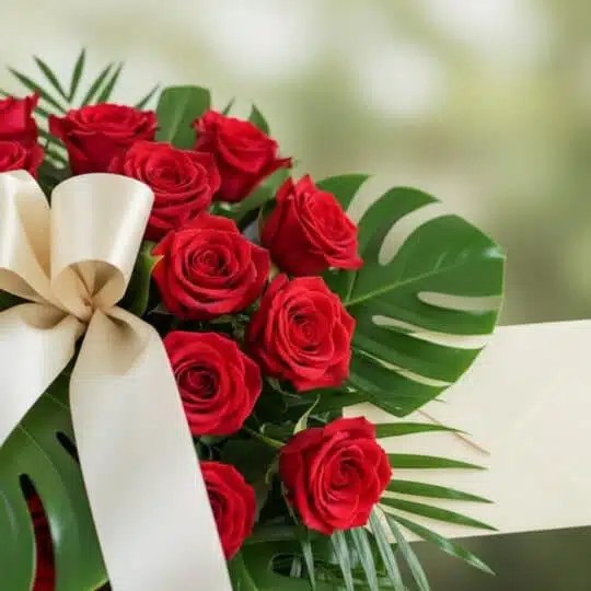 Primer plano de Pedestal Fúnebre Sentido Pésame con rosas rojas frescas, follaje verde y cinta satinada color crema. Pétalos