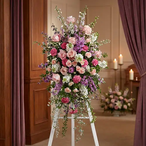 Pedestal Funerario ‘Luz de Elisa’: Un Homenaje Floral Elegante y Conmovedor Pedestal funerario 'Luz de Elisa' con rosas, claveles y lirios en tonos pastel, realzado en una sala de velación con iluminac