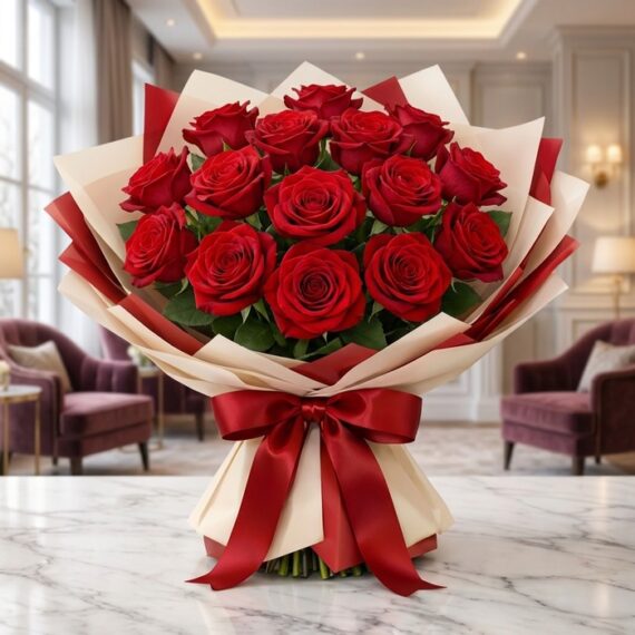 Ramillete de 12 Rosas Rojas con Empaque Coreano Elegante Ramillete de 12 rosas rojas grandes y abiertas con empaque coreano color crema y rojo, lazo de satén, sobre mármol.