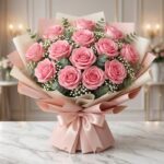 Ramillete o bouquet de 12 rosas rosadas grandes y abiertas con follaje, envuelto en papel coreano rosa y beige, atado con un