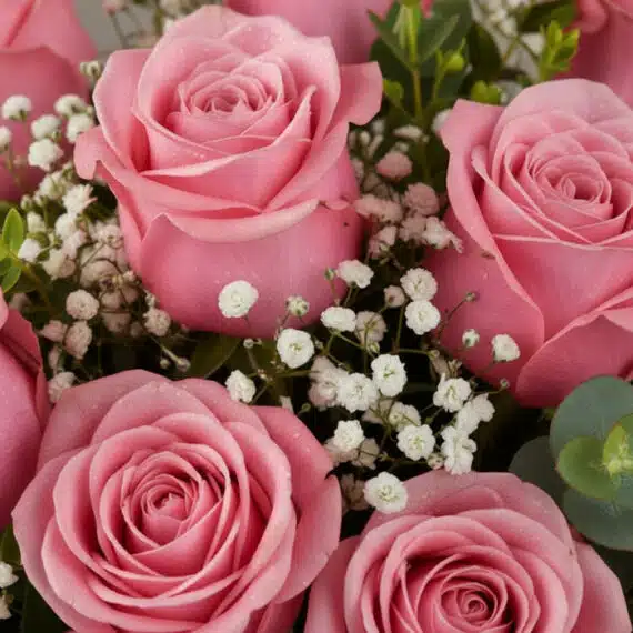 Primer plano extremo de un ramillete de rosas rosadas frescas con gotas de rocío, gypsophila y hojas verdes, bajo luz natural
