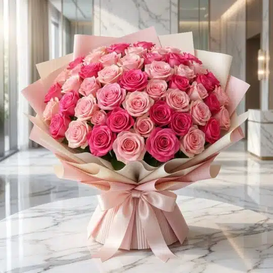 Impresionante ramo de 60 rosas fucsia y rosadas, con empaque coreano elegante, sobre mesa de mármol en floristería premium.
