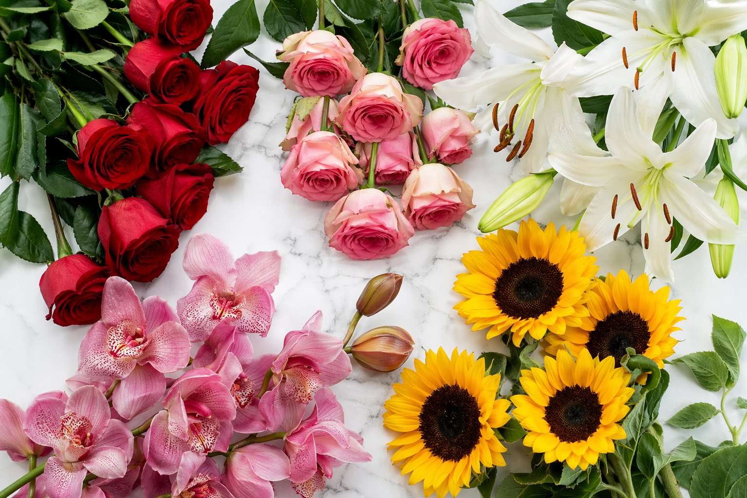 Variedad de flores ideales para regalar a mamá: rosas, lirios, girasoles y orquídeas