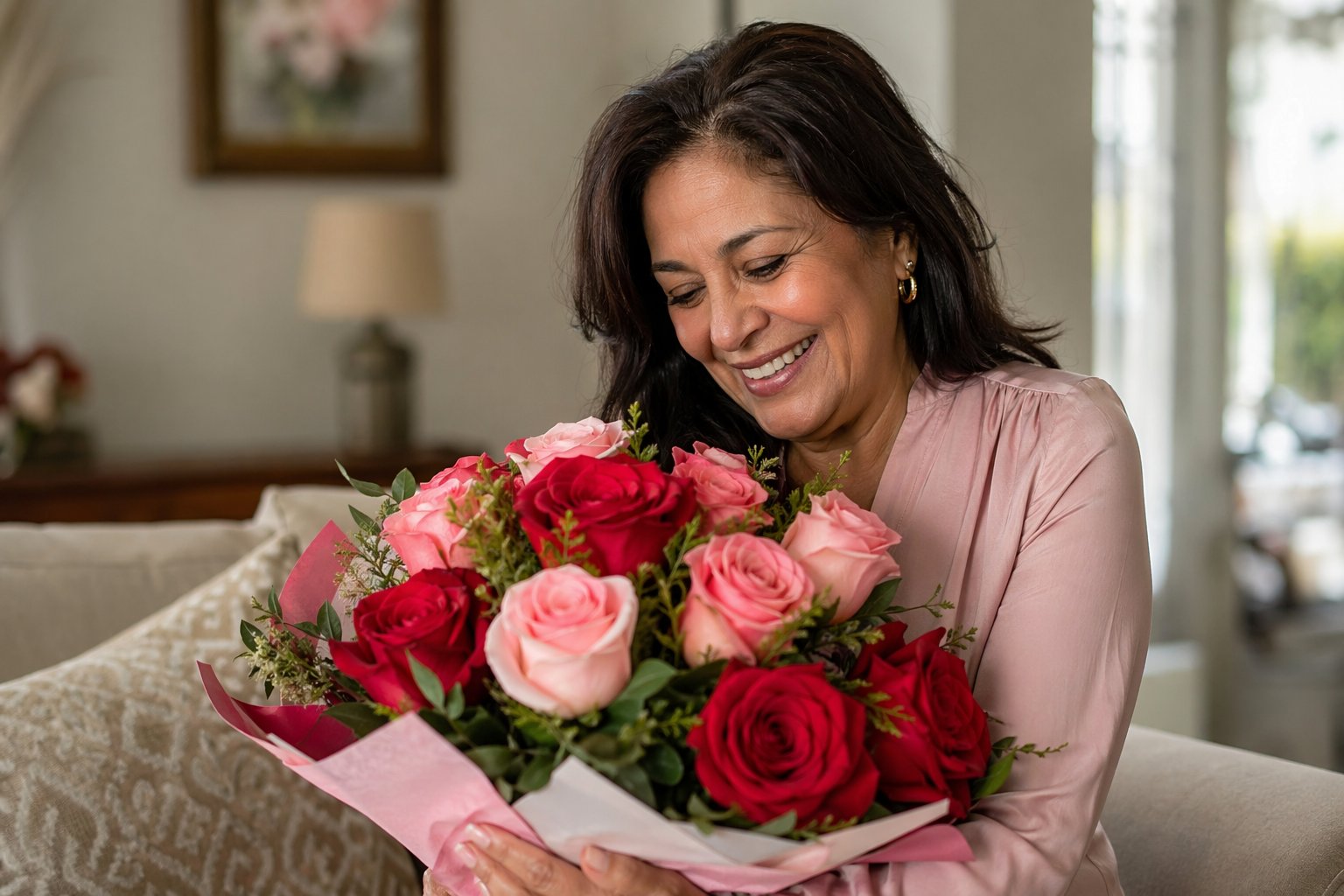 Madre feliz sosteniendo un ramo de rosas rojas el Día de la Madre en Medellín
